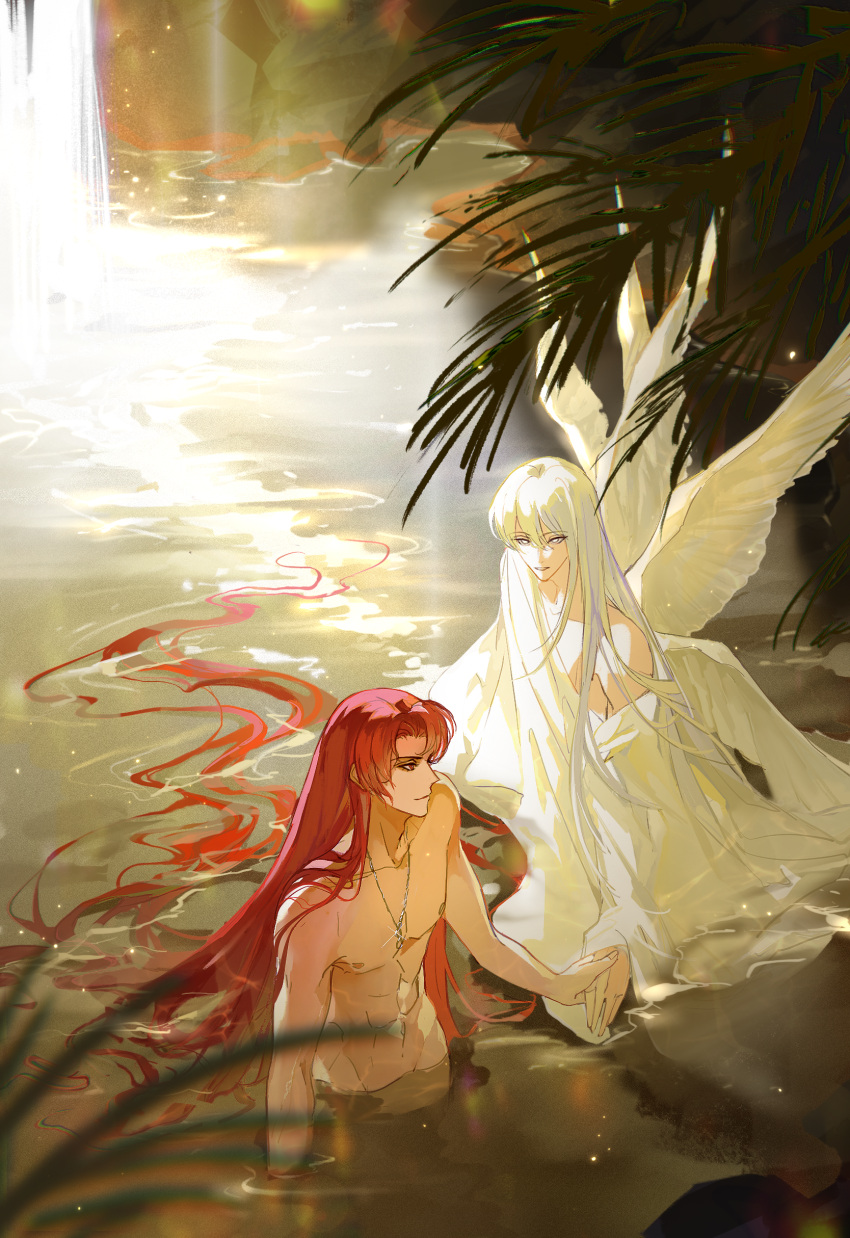 2boys, absurdres, androgynous, angel_wings, blurry, closed_mouth, curtained_hair, depth_of_field, eye_contact, grey_eyes, highres, holding_hands, jewelry, light_particles, long_hair, long_sleeves, looking_at_another, looking_back, lord_of_the_mysteries, male_focus, medici_(lord_of_the_mysteries), multiple_boys, multiple_wings, necklace, off_shoulder, ouroboros_(lord_of_the_mysteries), outdoors, palm_leaf, parted_lips, profile, red_eyes, redhead, robe, smile, sunlight, tknife, topless_male, upper_body, very_long_hair, wading, water, waterfall, white_hair, white_robe, white_wings, wings