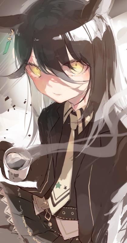 1girl, animal_ears, belt, black_hair, black_jacket, black_skirt, closed_mouth, coffee