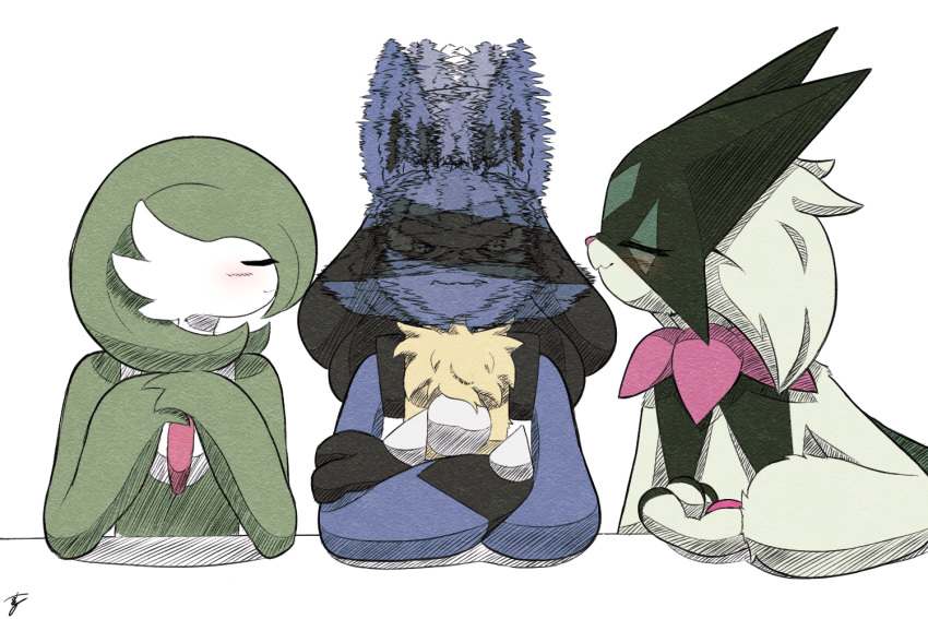 1boy, 2girls, :3, afterimage, animal_ears, animal_hands, animal_nose, artist_name, black_fur, blue_fur, blush, bob_cut, body_fur, closed_eyes, closed_mouth, colored_skin, commentary_request, crossed_arms, facing_another, flat_chest, furry, furry_female, furry_male, gardevoir, green_fur, green_hair, green_skin, happy, hetero, hunter_suru, lucario, meowscarada, motion_blur, multicolored_fur, multicolored_skin, multiple_girls, neck_fur, pawpads, pokemon, pokemon_(creature), short_hair, signature, simple_background, sitting, smile, spikes, straight-on, the_weaker_sex_1_(gibson), two-tone_skin, u_u, upper_body, white_background, white_skin, wolf_boy, wolf_ears, yellow_fur