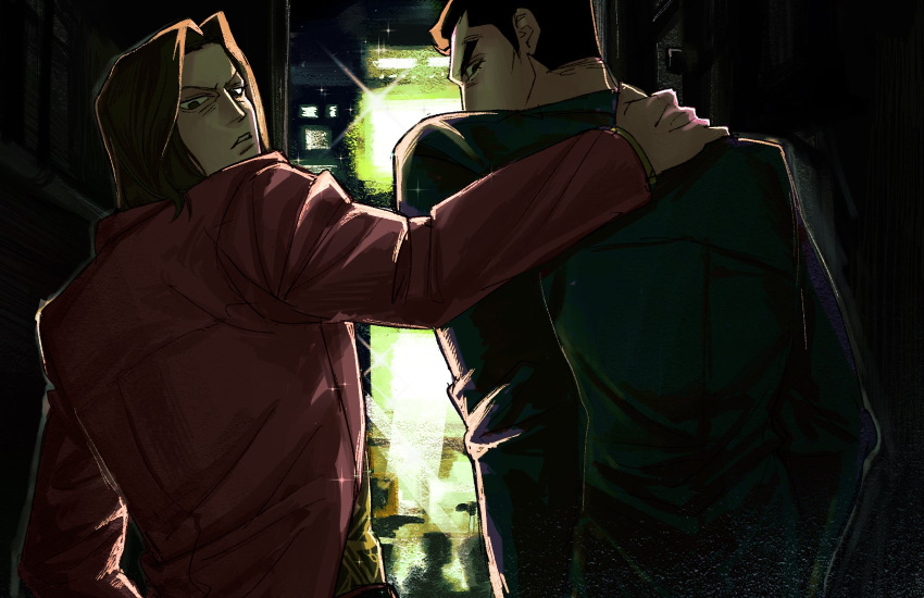 2boys, arm_around_shoulder, arm_up, black_eyes, black_hair, black_jacket, cowboy_shot, dlcu3w