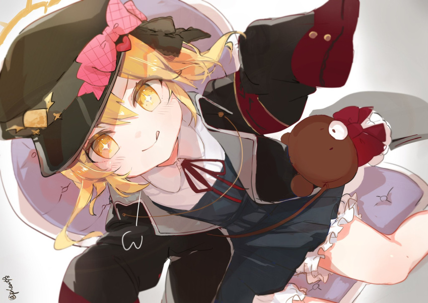 1girl, :p, armband, black_coat, blonde_hair, bloomers, blue_archive, blush