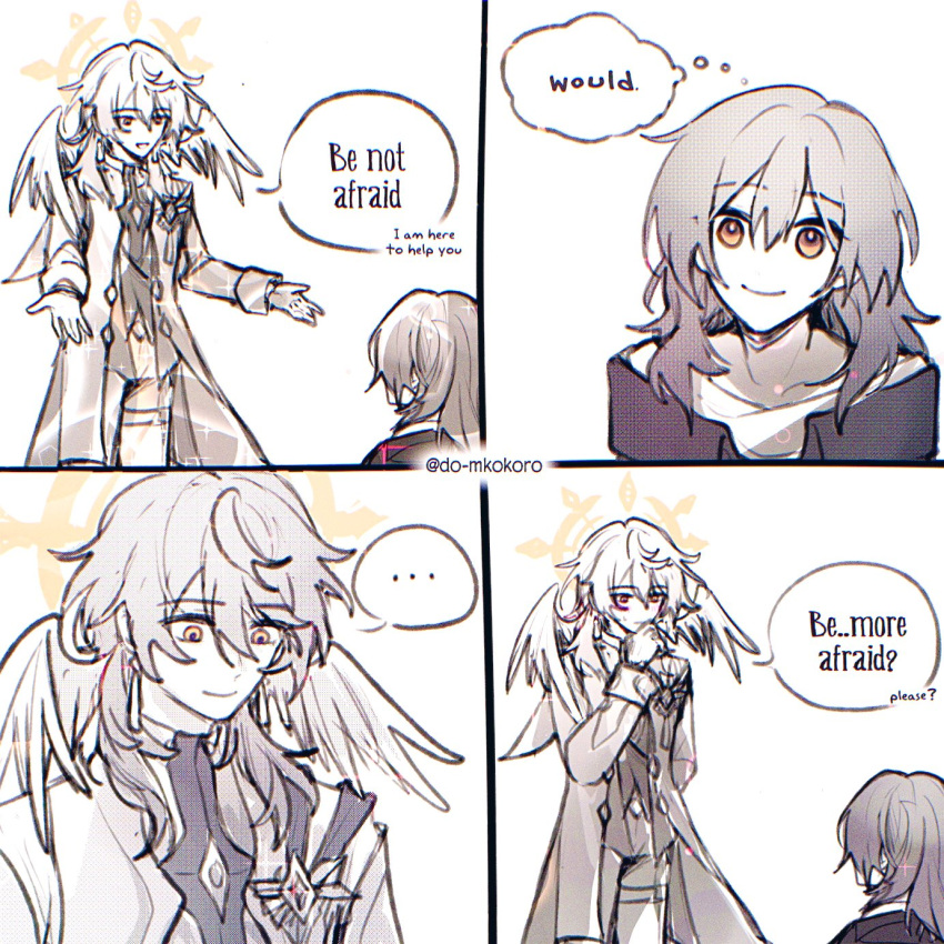 ..., 1boy, 1girl, angel, black_jacket, blank_stare, blush, coat