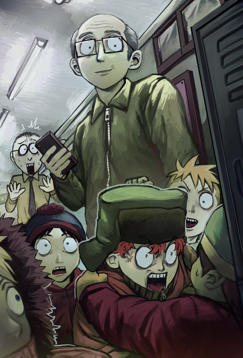 6+boys, anger_vein, beanie, black_eyes, black_hair, black_necktie, blonde_hair, blue_headwear