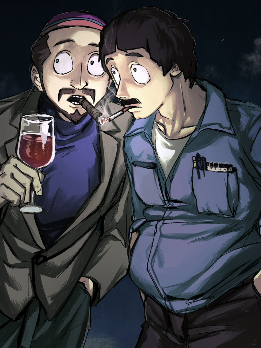 2boys, beard, black_eyes, black_hair, black_pants, blue_pants, blue_shirt, cigar