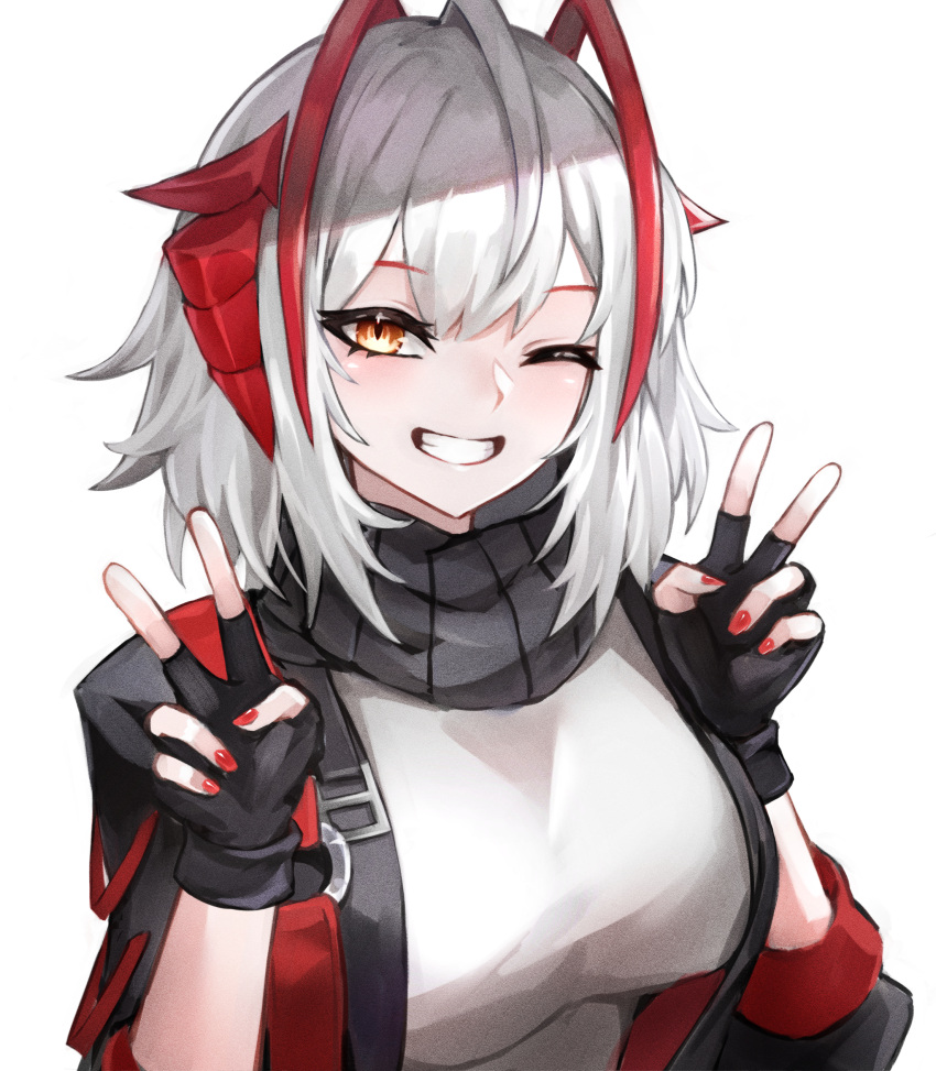 1girl, absurdres, arknights, black_gloves, black_jacket, breasts, demon_horns, double_v