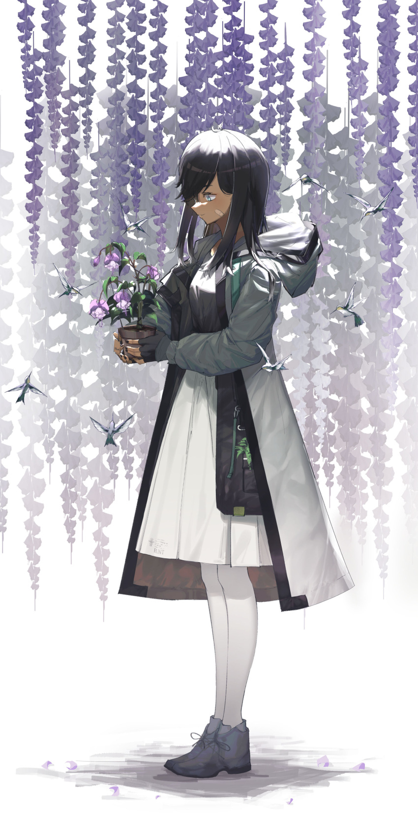 1girl, absurdres, arknights, bandaid, bandaid_on_face, bird, black_gloves, black_hair, black_shirt, blue_eyes, commentary_request, dark-skinned_female, dark_skin, fingerless_gloves, flint_(arknights), flint_(gorgeous_flower)_(arknights), flower, flower_pot, full_body, gloves, hair_over_one_eye, highres, holding, holding_flower_pot, hummingbird, jacket, long_hair, official_alternate_costume, pantyhose, purple_flower, shirt, skirt, solo, standing, textless_version, vchan, white_pantyhose, white_skirt, wisteria