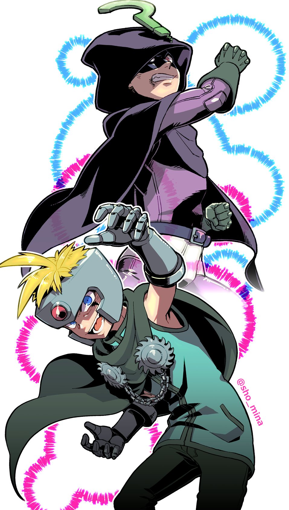 2boys, arm_up, belt, black_belt, black_cloak, blonde_hair, blue_eyes, blue_shirt