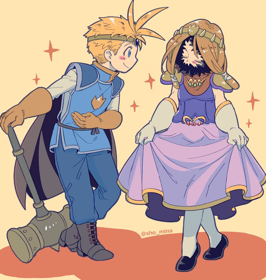 2boys, armor, black_footwear, blonde_hair, blue_eyes, blue_pants, blue_shirt, blush