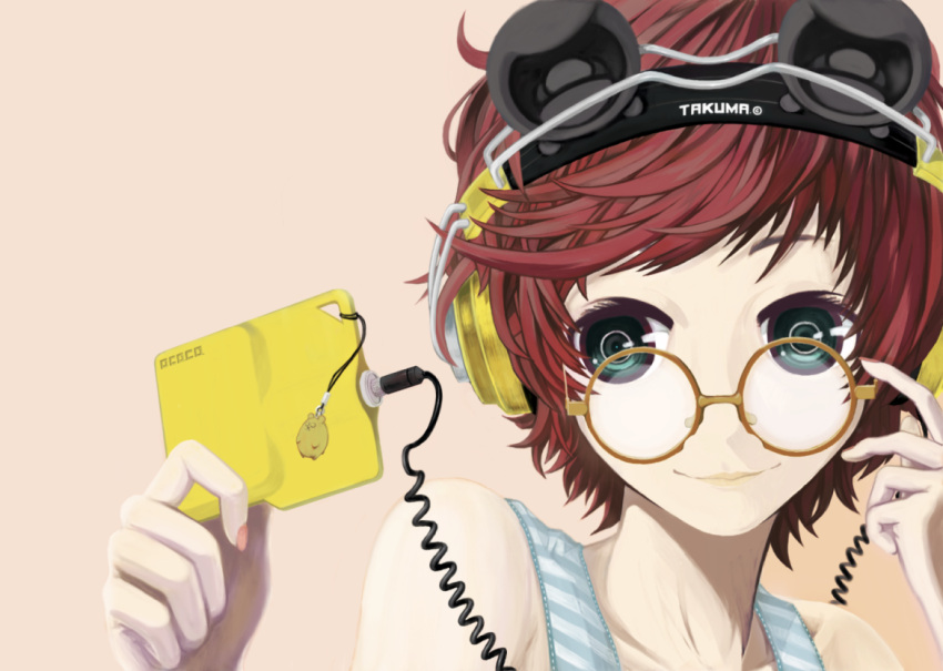 bad_id, cellphone_strap, digital_media_player, face, glasses, green_eyes, headphones, mp3_player