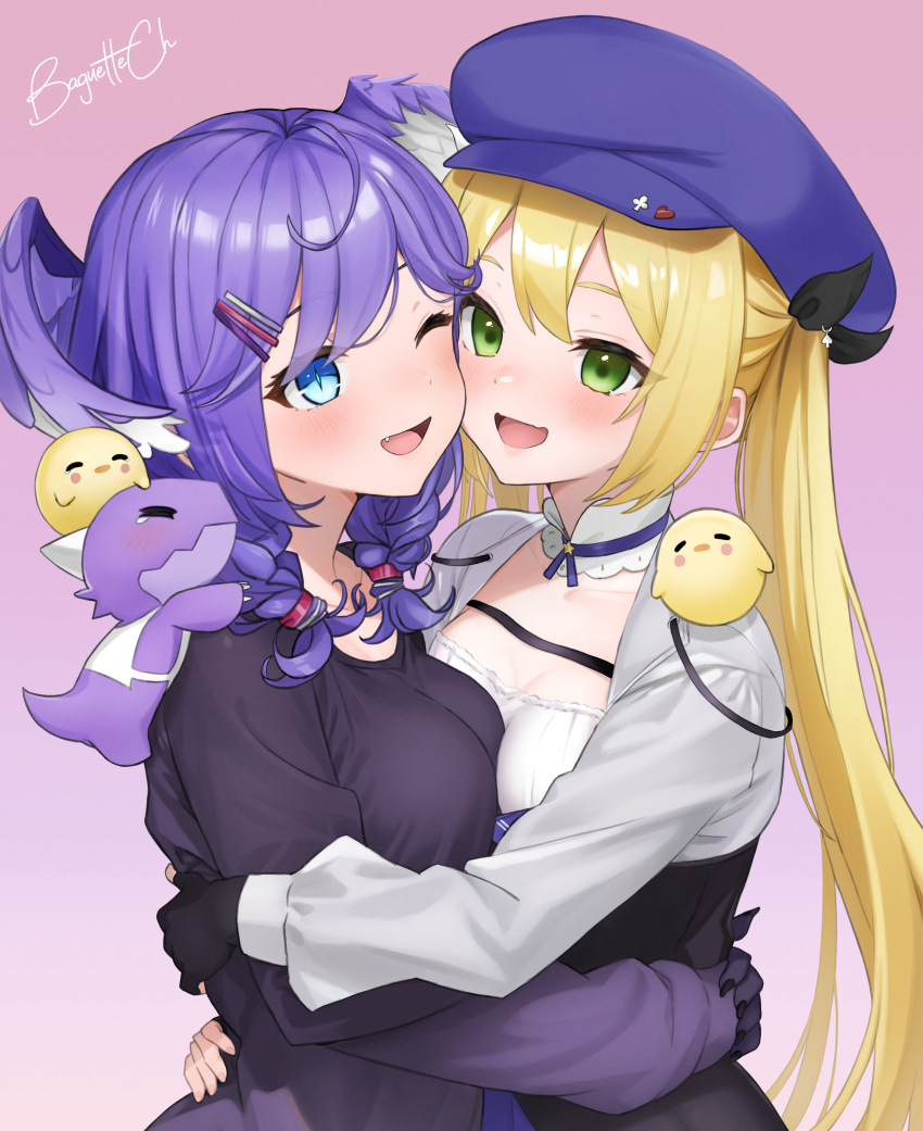 2girls, absurdres, asymmetrical_docking, black_gloves, blue_eyes, blue_headwear, blush, breast_press