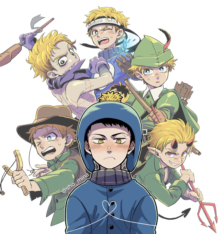 >_o, 2boys, black_hair, black_headband, blue_eyes, blue_headwear, blue_jacket, blush