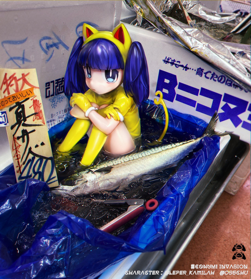 1girl, animal_ears, animal_hood, b=conumi_(leper_kamilah), best_happiness, blue_eyes, blue_hair, blunt_bangs, borrowed_character, cat_ears, cat_hood, character_name, closed_mouth, crossed_arms, fish, full_body, gloves, highres, hood, hood_up, knees_up, long_hair, looking_at_viewer, original, outdoors, partially_submerged, photo_background, price, sitting, solo, tail, twintails, water, yellow_footwear, yellow_gloves