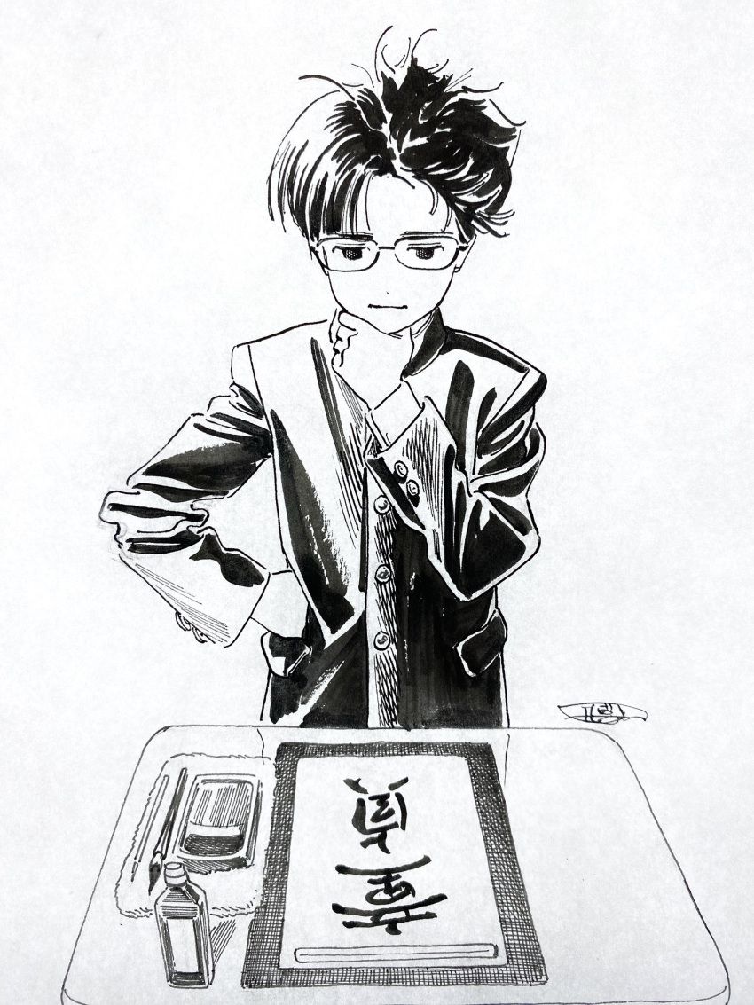 1boy, calligraphy, calligraphy_brush, calligraphy_paper, closed_mouth, glasses, greyscale, hand_on_own_hip