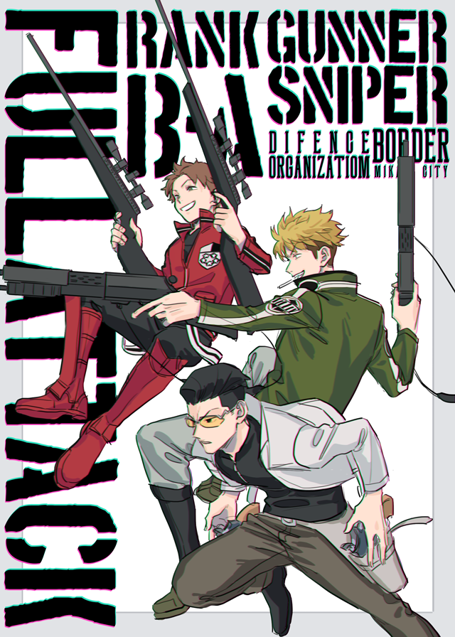 3boys, arashiyama_squad's_uniform, black_footwear, black_hair, black_pants, black_shirt, blonde_hair, boots