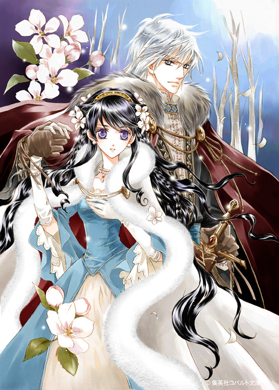 blue_dress, cape, couple, dress, earrings, flower, gloves, grey_eyes, hair_flower, hair_ornament, height_difference, holding_hands, jewelry, long_hair, pearl_earrings, pearl_necklace, purple_eyes, shiina_satsuki, silver_eyes, silver_hair, soshite_hanayome_wa_koi_wo_shiru, sword, violet_eyes, weapon, white_gloves