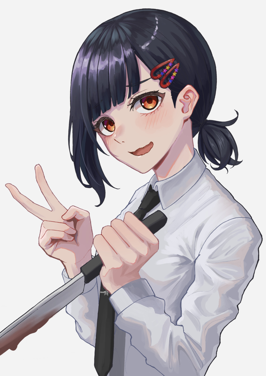 1girl, absurdres, bang_dream!, black_necktie, blunt_bangs, blush, chainsaw_man, collared_shirt