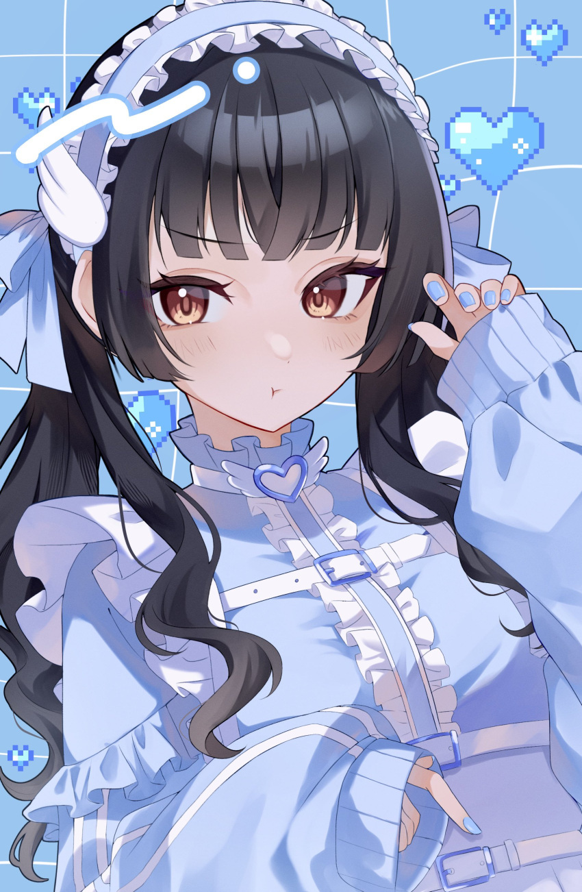 1girl, :t, absurdres, black_hair, blue_background, blue_jacket, blunt_bangs, blush, center_frills, fingernails, frilled_hairband, frills, hairband, heart, highres, idolmaster, idolmaster_shiny_colors, jacket, jersey_maid, long_sleeves, looking_at_viewer, maid, mayuzumi_fuyuko, nail_polish, pixel_heart, shu10, solo, track_jacket, twintails, unconventional_maid, upper_body