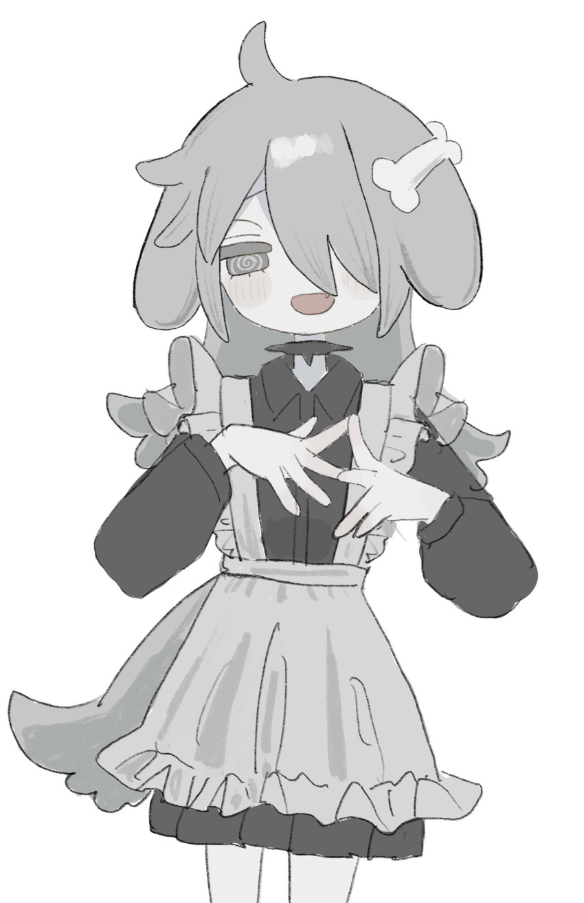 1girl, :d, @_@, ahoge, animal_ears, apron, black_dress, bone_hair_ornament
