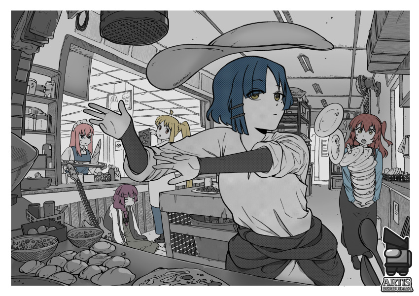 5girls, absurdres, ahoge, amin_(aminimint), artist_logo, bass_guitar, black_footwear, blonde_hair