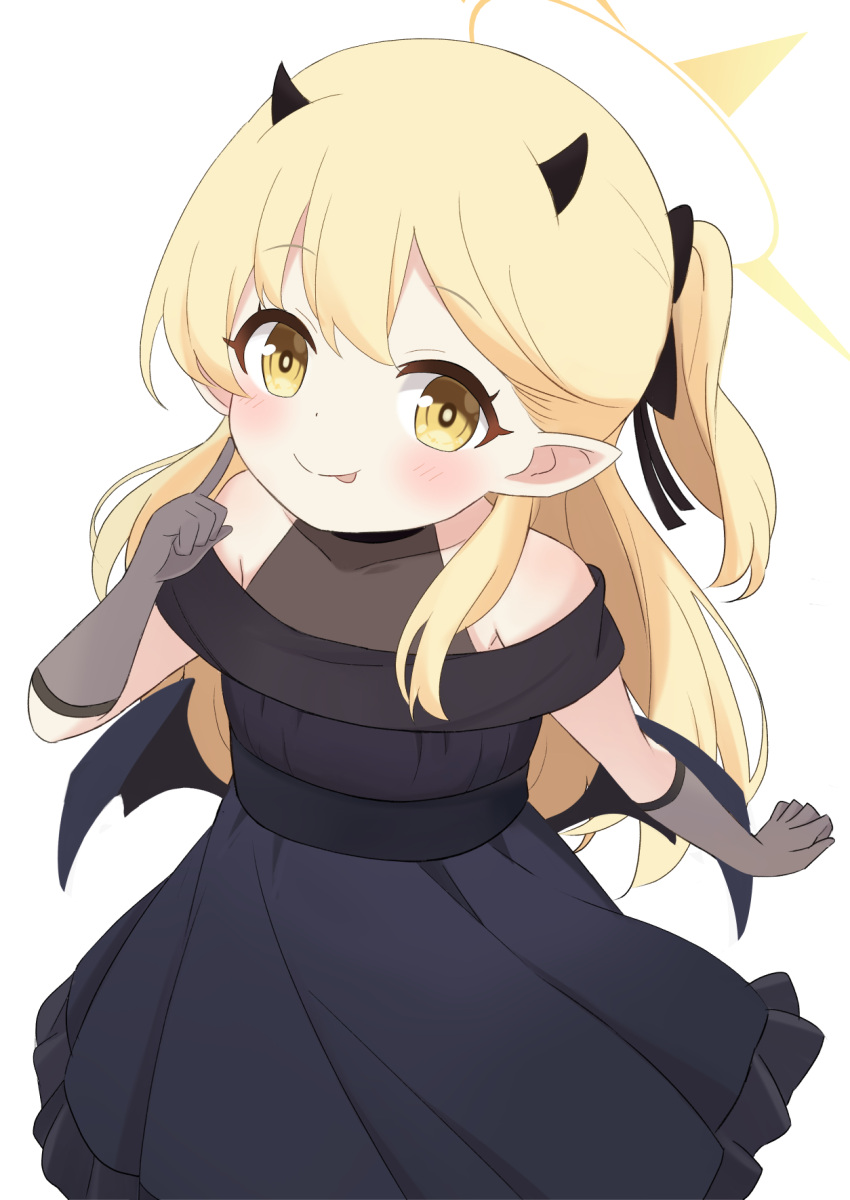 1girl, :p, armpit_crease, bare_shoulders, black_dress, black_gloves, black_horns, black_ribbon, black_wings, blonde_hair, blue_archive, blush, bright_pupils, closed_mouth, covered_collarbone, cowboy_shot, demon_girl, demon_horns, demon_wings, dress, elbow_gloves, evening_gown, finger_to_cheek, gloves, hair_behind_ear, hair_ribbon, halo, highres, horns, ibuki_(blue_archive), ibuki_(dress)_(blue_archive), index_finger_raised, kouyatsutou, long_hair, looking_at_viewer, low_wings, no_tail, official_alternate_costume, one_side_up, pleated_dress, pointy_ears, ribbon, simple_background, sleeveless, sleeveless_dress, smile, solo, tongue, tongue_out, white_background, white_pupils, wings, yellow_eyes, yellow_halo