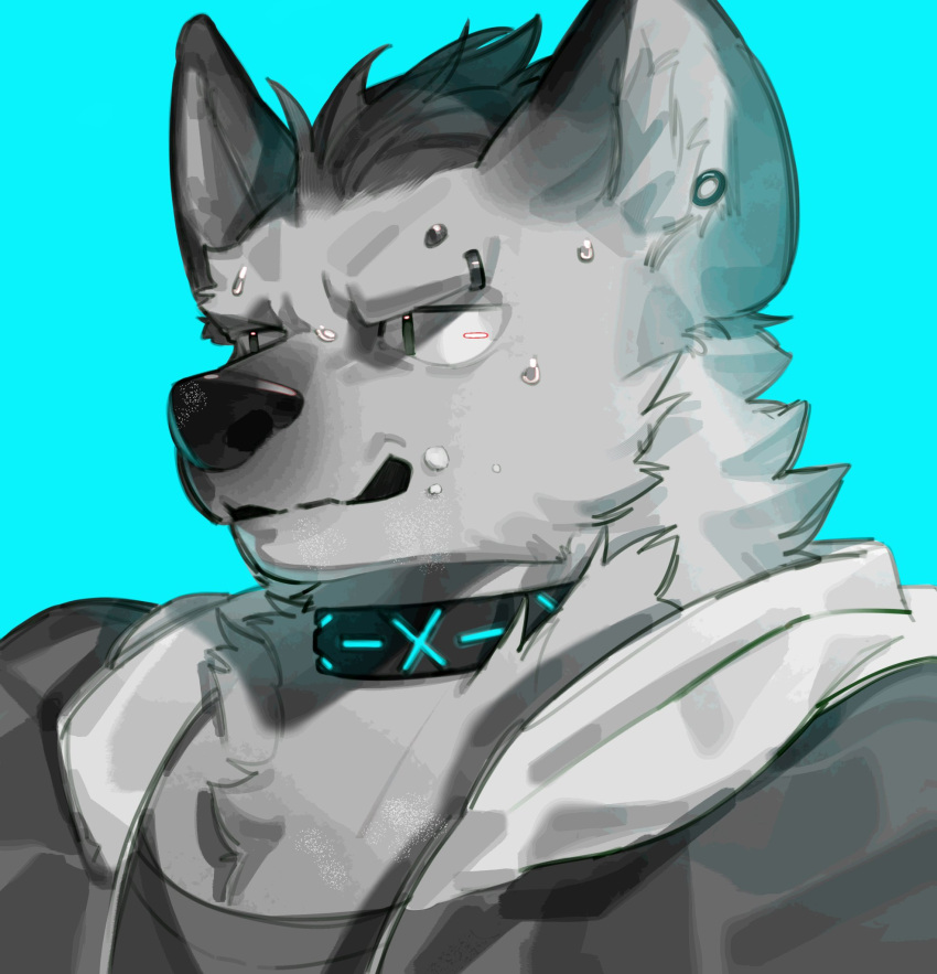 1boy, arknights, blue_background, commentary_request, ear_piercing, eyebrow_piercing, food, food_on_face