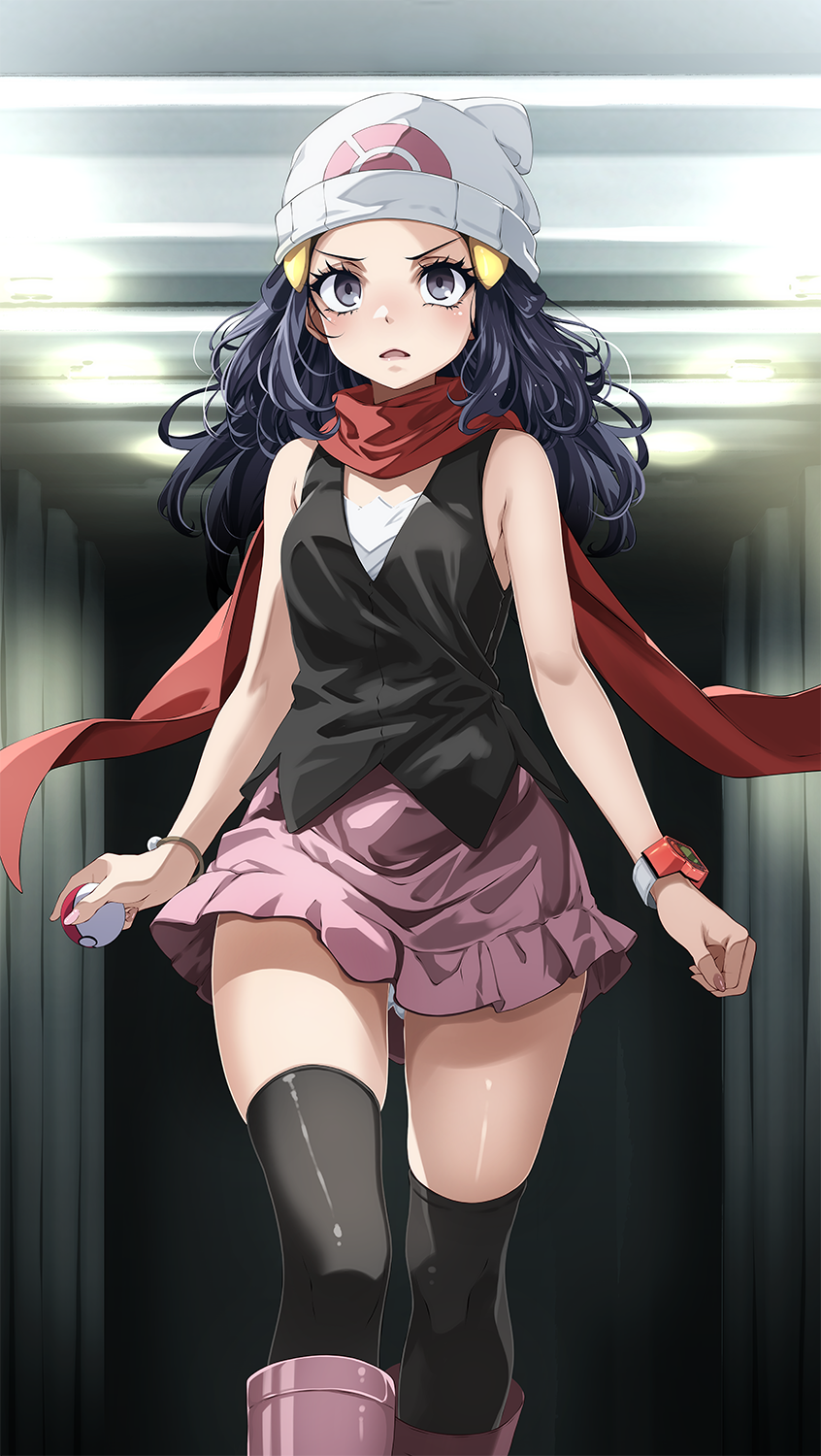 1girl, beanie, black_hair, black_thighhighs, black_vest, breasts, dress, grey_eyes