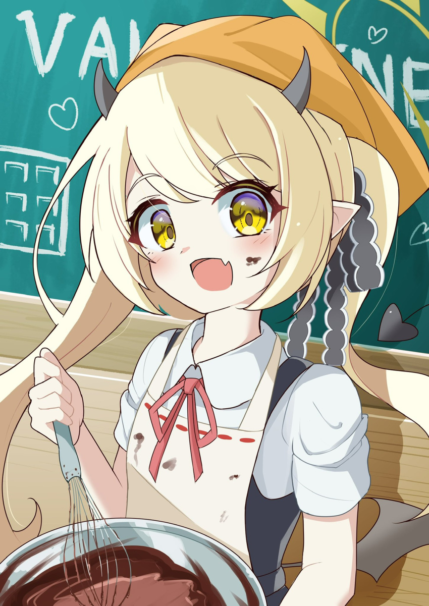 1girl, :d, apron, blonde_hair, blue_archive, bowl, buri-chan_(britishpine1989), chalkboard
