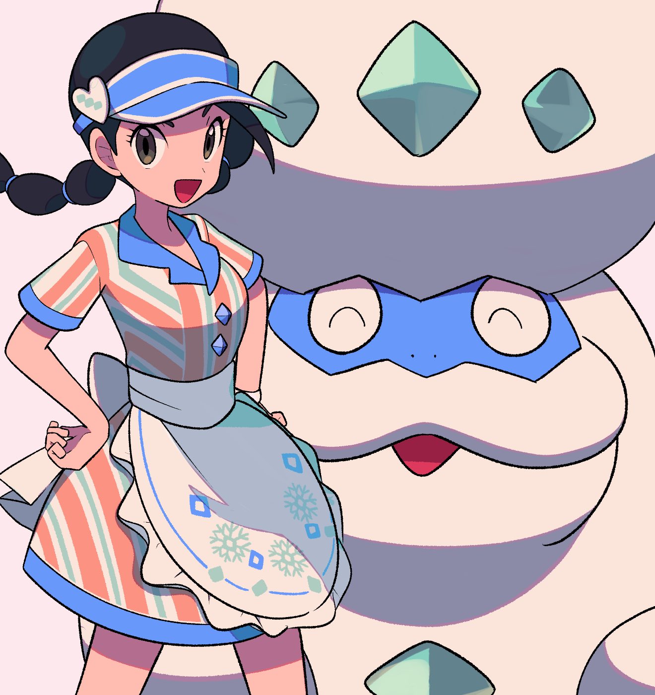 1girl, :d, apron, black_hair, blue_headwear, brown_eyes, candice_(palentine's_2024)_(pokemon), candice_(pokemon)