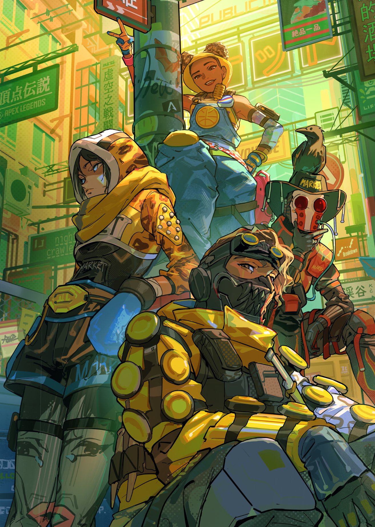 1boy, 1other, 2girls, afro_puffs, ambiguous_gender, animal_on_head, animification, apex_legends