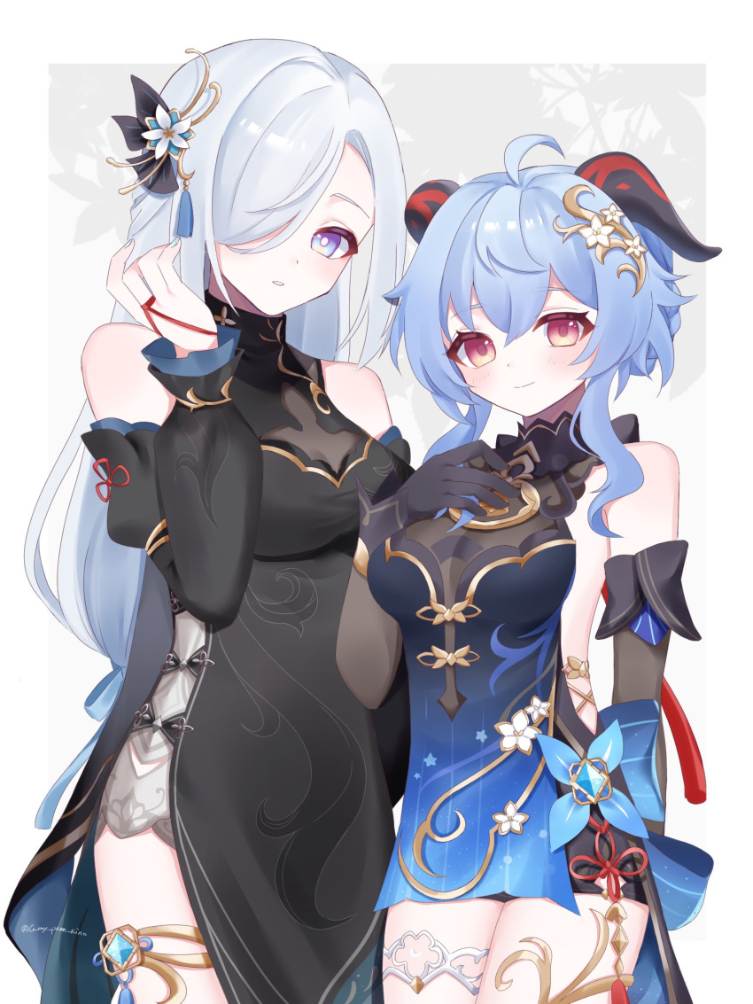 2girls, ahoge, bare_shoulders, bell, black_dress, black_gloves, black_sleeves, blue_dress