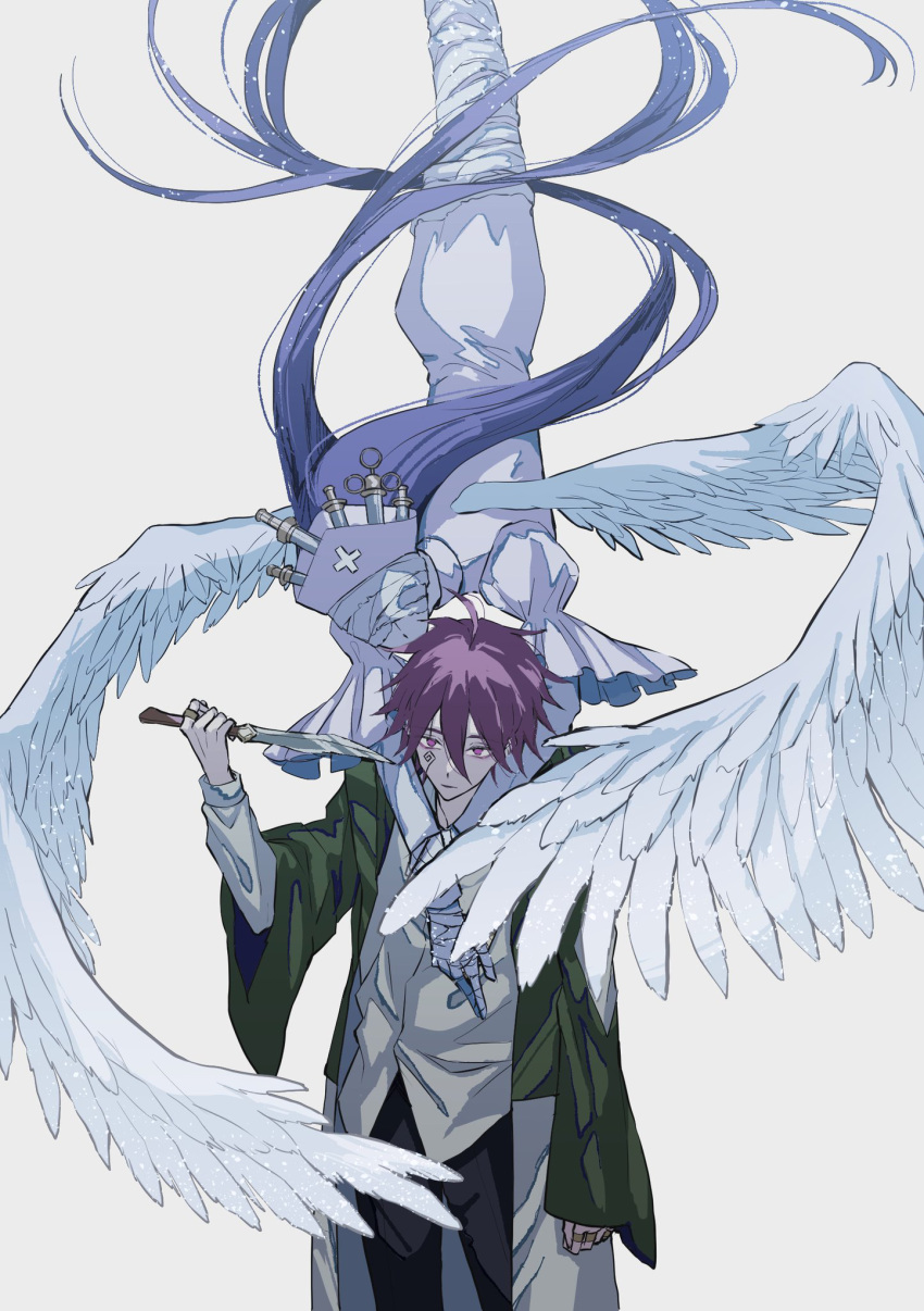 1boy, ahoge, bandaged_arm, bandaged_head, bandages, carpaccio_luo-yang, cross, feathered_wings