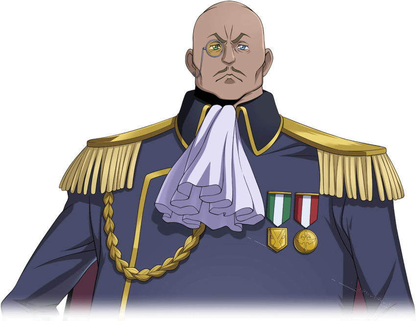 1boy, arms_at_sides, artist_request, ascot, bags_under_eyes, bald, bartley_asprius, blue_eyes