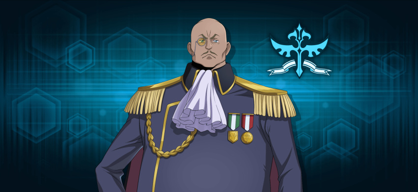 1boy, arm_at_side, artist_request, ascot, bags_under_eyes, bald, bartley_asprius, blue_background