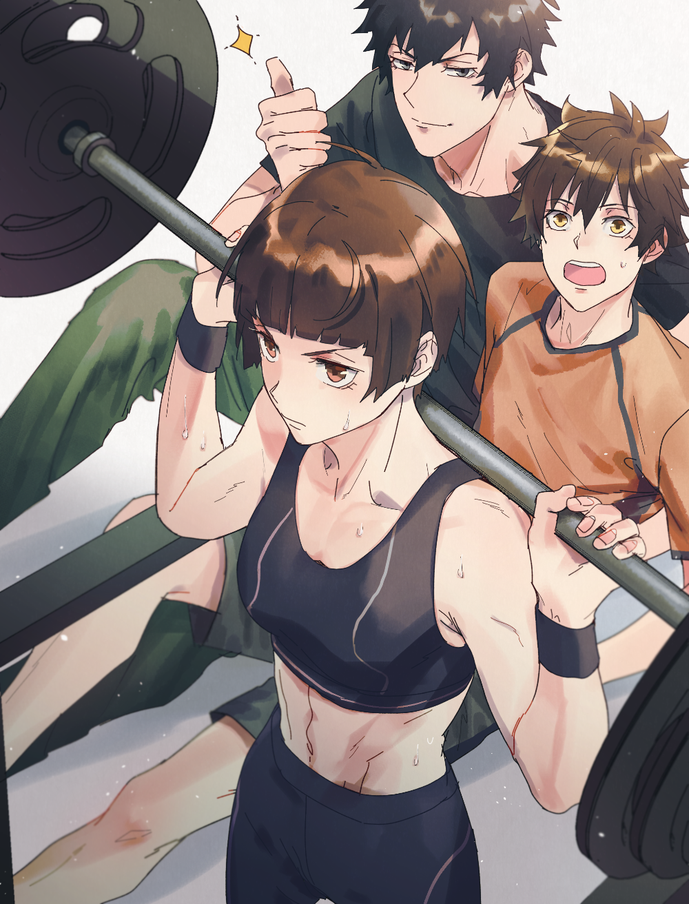 1girl, 2boys, black_hair, black_wristband, blunt_bangs, brown_eyes, brown_hair, commentary_request