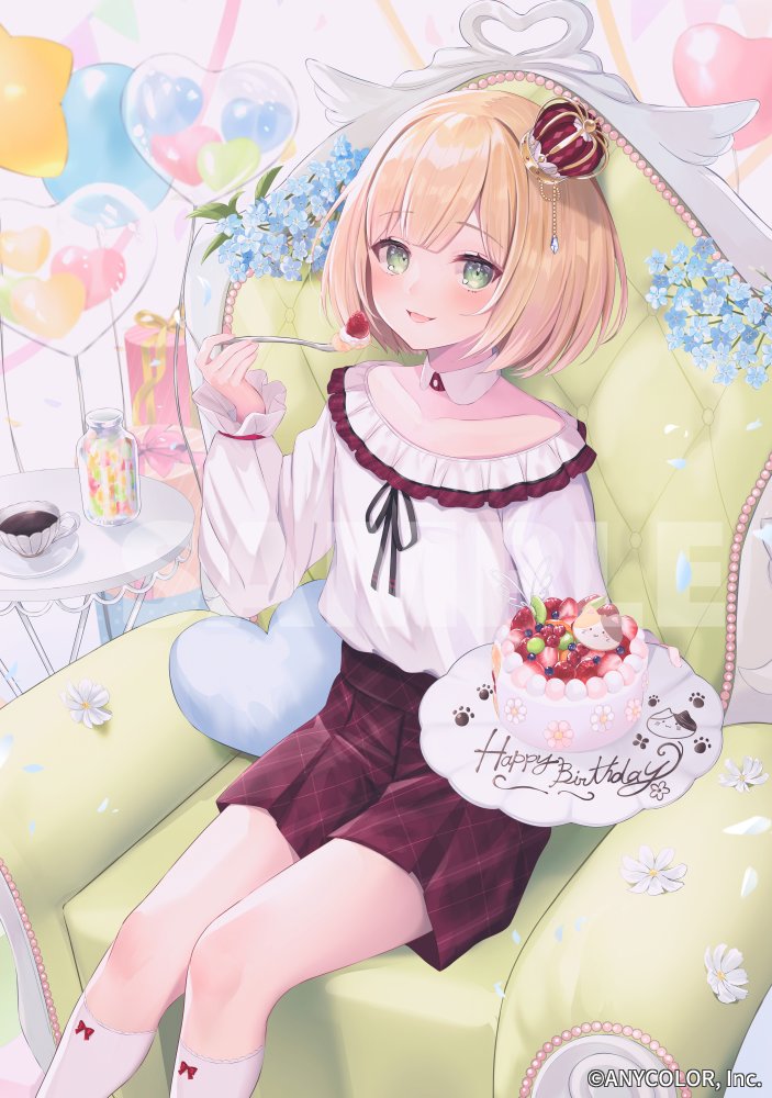 1boy, :d, androgynous, balloon, black_ribbon, blonde_hair, blue_flower, blueberry, blush, bow_legwear, box, cake, candy, chair, coffee, collar, copyright_name, crown, cup, cushion, daisy, detached_collar, falling_petals, flower, food, fork, fruit, gift, gift_box, green_eyes, happy_birthday, heart, heart_balloon, jar, male_focus, medium_hair, mini_crown, nijisanji, official_art, otoko_no_ko, paw_print, petals, red_skirt, ribbon, sample_watermark, shirt, sitting, skirt, smile, socks, solo, star_(symbol), star_balloon, strawberry, suzuho_hotaru, suzuya_aki, suzuya_aki_(1st_costume), teacup, tilted_headwear, virtual_youtuber, watermark, white_shirt, white_socks