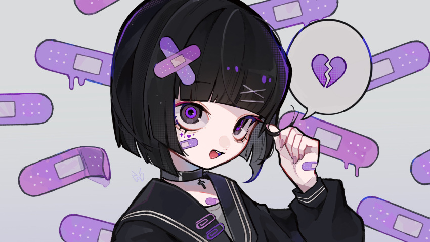 1girl, artist_name, bandaid, bandaid_hair_ornament, bandaid_on_face, bandaid_print, black_choker, black_eyes
