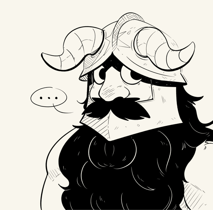 ..., 1boy, beard, dungeon_meshi, dwarf, ethan8bit, facial_hair, fake_horns, greyscale, helmet, highres, horned_helmet, horns, long_beard, male_focus, monochrome, senshi_(dungeon_meshi), sideways_glance, solo, thick_mustache, upper_body, very_long_beard