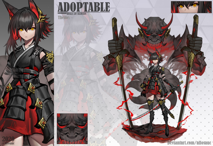 1girl, 2020, adoptable, allosauc, animal_ears, arm_belt, armor, armored_boots, artist_name, aura, bare_shoulders, belt, belt_buckle, black_belt, black_footwear, black_gloves, black_hair, black_shirt, boots, buckle, close-up, closed_mouth, colored_tips, commentary, cowboy_shot, deviantart_username, dual_wielding, elbow_gloves, english_commentary, english_text, eyeliner, faulds, fox_ears, fox_tail, full_body, gloves, gradient_background, grey_background, grin, hair_ornament, hakama, hakama_short_skirt, hakama_skirt, high-waist_skirt, high_heel_boots, high_heels, highres, holding, holding_sword, holding_weapon, horns, huge_weapon, japanese_clothes, katana, light_frown, looking_at_viewer, makeup, multicolored_hair, multiple_belts, multiple_tails, multiple_views, oni, original, polka_dot, polka_dot_background, projected_inset, red_hakama, red_horns, red_skirt, redhead, reference_sheet, sheath, shirt, short_hair_with_long_locks, shoulder_belt, simple_background, skirt, sleeveless, sleeveless_shirt, smile, sword, tail, thigh_boots, triangle_background, weapon, yellow_eyes, zettai_ryouiki