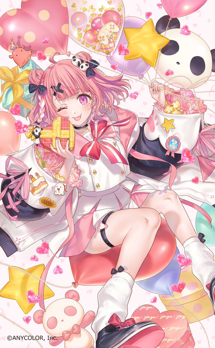 1girl, ;p, ahoge, alternate_costume, alternate_hairstyle, award_ribbon, balloon, black_choker