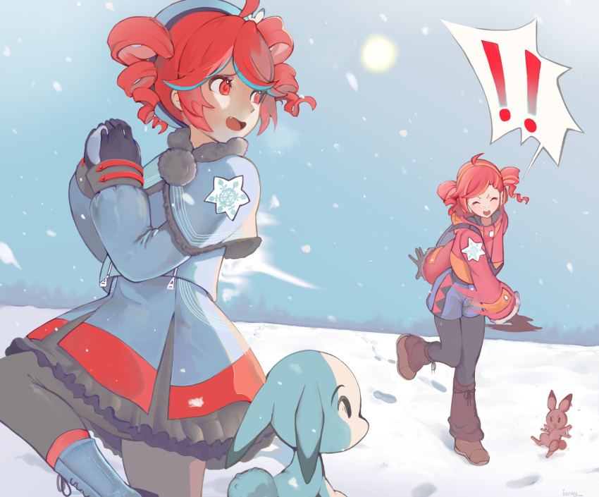 !, !!, 2girls, afterimage, ahoge, black_gloves, black_pantyhose, black_skirt