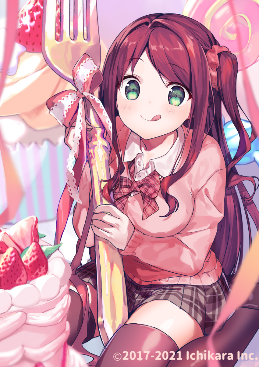 1girl, akabane_youko, akabane_youko_(1st_costume), alternate_hair_color, black_thighhighs, blush, breasts, cake, candy, cardigan, copyright_name, cupcake, dessert, food, fork, green_eyes, hair_ornament, hair_scrunchie, highres, lace, large_breasts, lollipop, long_hair, nijisanji, official_art, one_side_up, pink_cardigan, plaid, plaid_skirt, pleated_skirt, red_ribbon, red_scrunchie, redhead, ribbon, school_uniform, scrunchie, shirt, sitting, skirt, streamers, thigh-highs, tongue, virtual_youtuber, white_shirt, yumesaki_nana