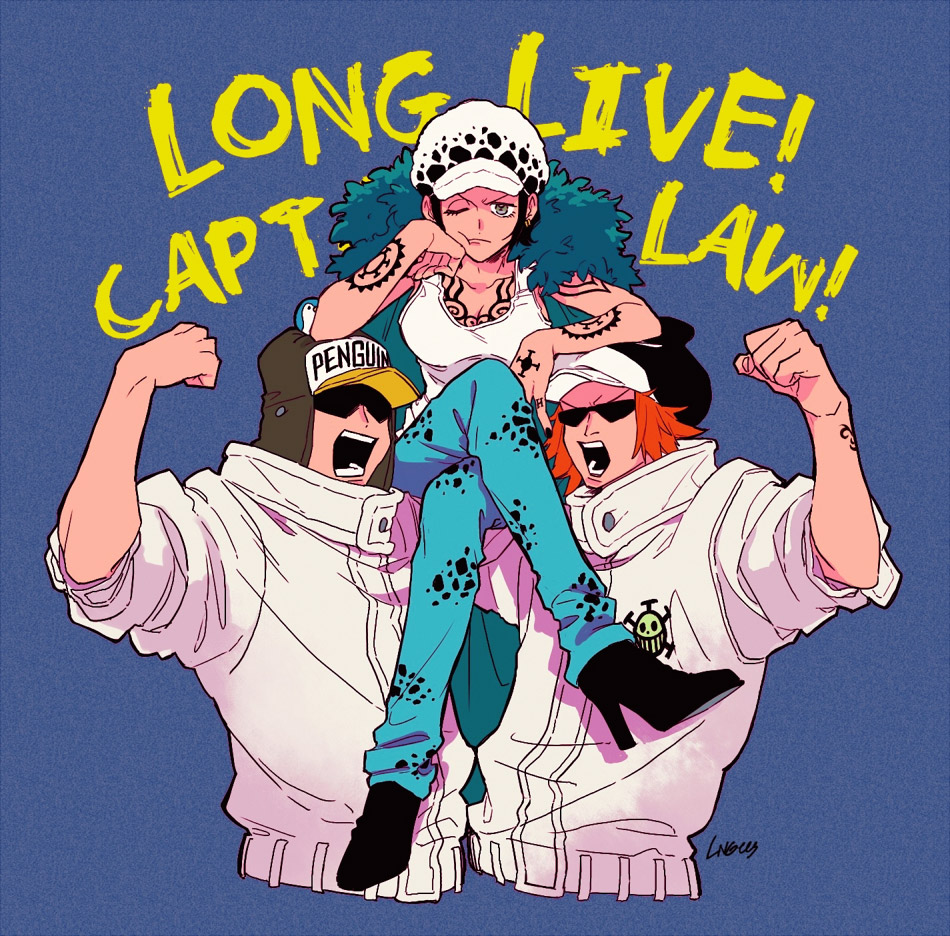 1girl, 2boys, arm_tattoo, arm_up, black_footwear, black_hair, carrying_over_shoulder, chest_tattoo