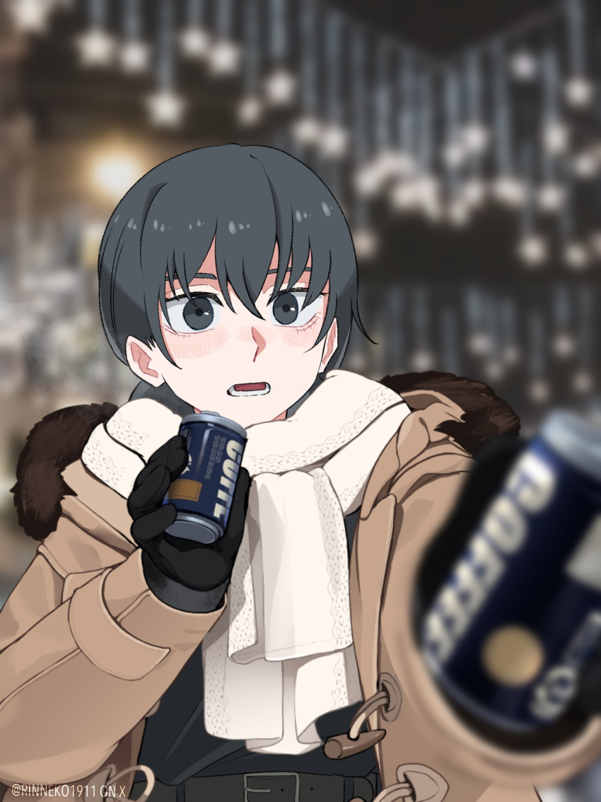 1girl, belt, black_belt, black_eyes, black_gloves, black_hair, blurry, brown_coat, can, canned_coffee, chainsaw_man, coat, commentary, depth_of_field, drink_can, english_commentary, eyebrows_hidden_by_hair, gloves, highres, holding, holding_can, hood, hooded_coat, mitaka_asa, open_mouth, rinneko_art, scarf, solo, twitter_username, upper_body, white_scarf