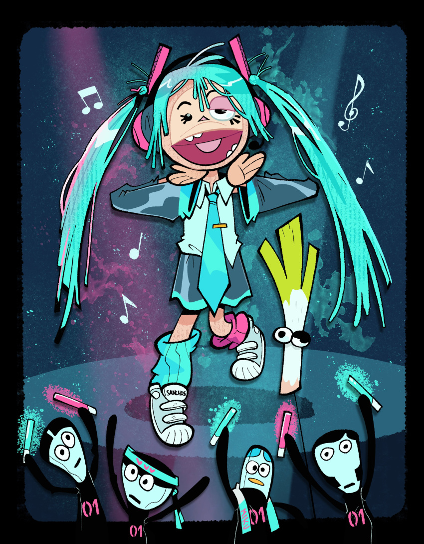 31_minutos, absurdres, aqua_hair, aqua_shirt, aqua_socks, asymmetrical_eyes, audience, baggy_socks