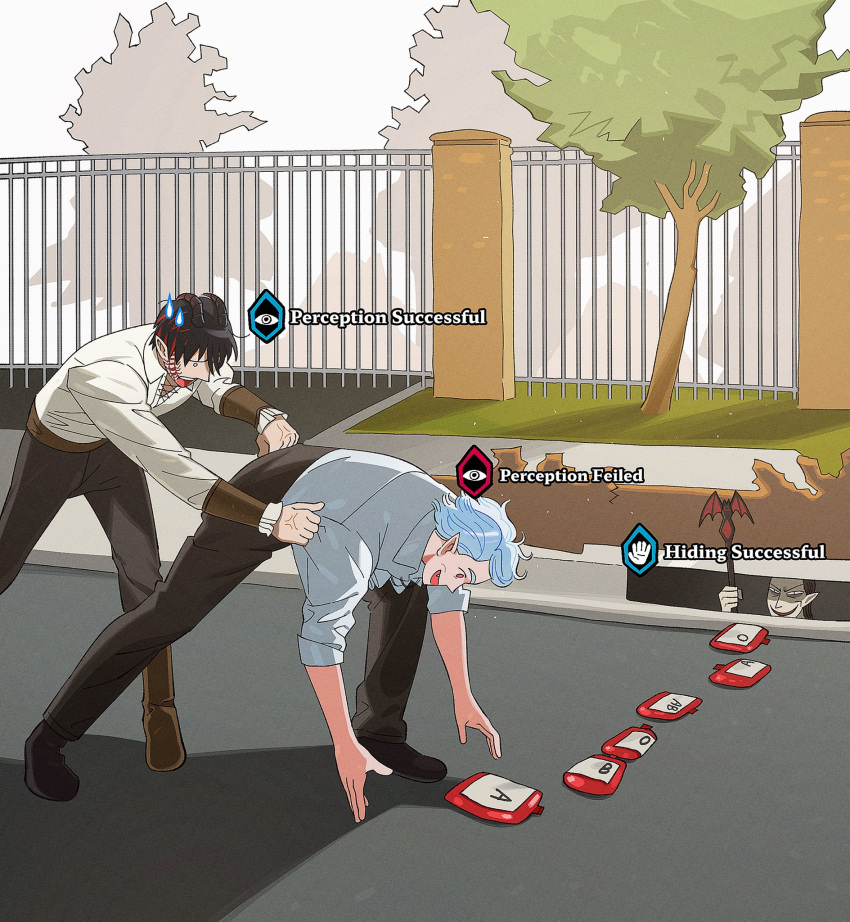 >:), 3boys, :d, astarion, baldur's_gate, baldur's_gate_3, black_footwear, black_hair