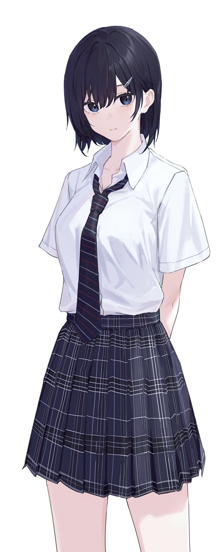 1girl, arms_behind_back, bario, black_hair, black_necktie, black_skirt, blue_eyes, breasts, closed_mouth, collared_shirt, cowboy_shot, diagonal-striped_clothes, diagonal-striped_necktie, hair_between_eyes, hair_ornament, hairclip, highres, looking_at_viewer, medium_breasts, necktie, original, plaid, plaid_skirt, pleated_skirt, school_uniform, shirt, shirt_tucked_in, short_hair, short_sleeves, simple_background, skirt, solo, standing, striped_clothes, striped_necktie, uniform, white_background, white_shirt