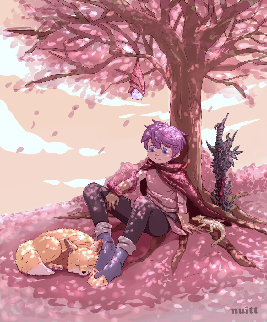 1boy, absurdres, against_tree, angel_halo_(mon-musu_quest!), animalization, artist_name, bat_(animal), belt