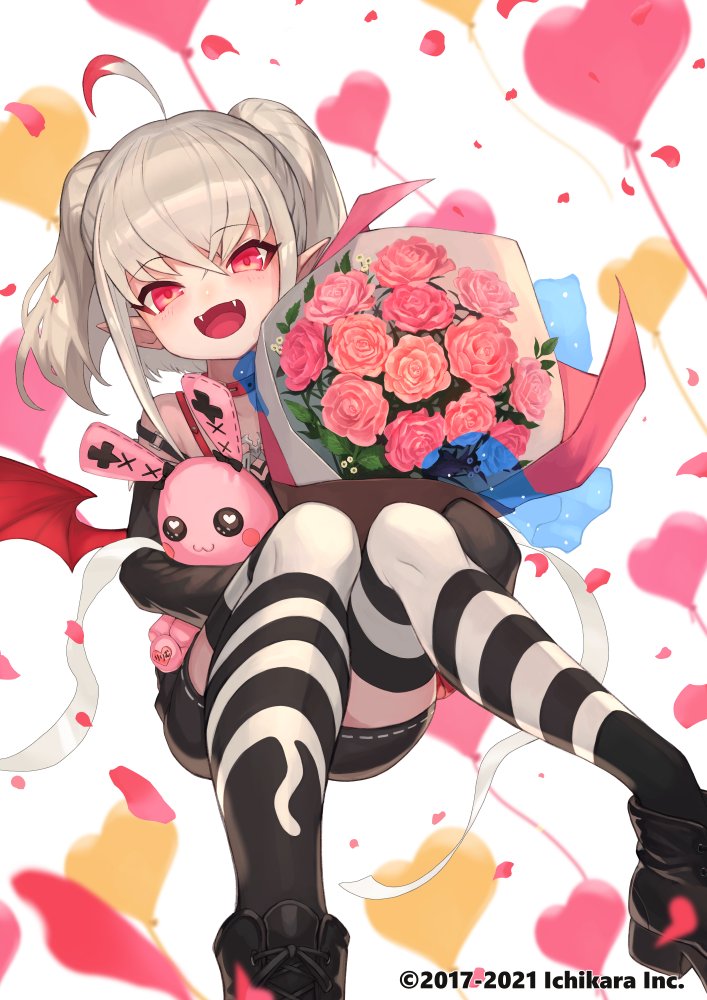 1girl, :d, ahoge, alternate_costume, balloon, bare_shoulders, black_footwear, black_jacket