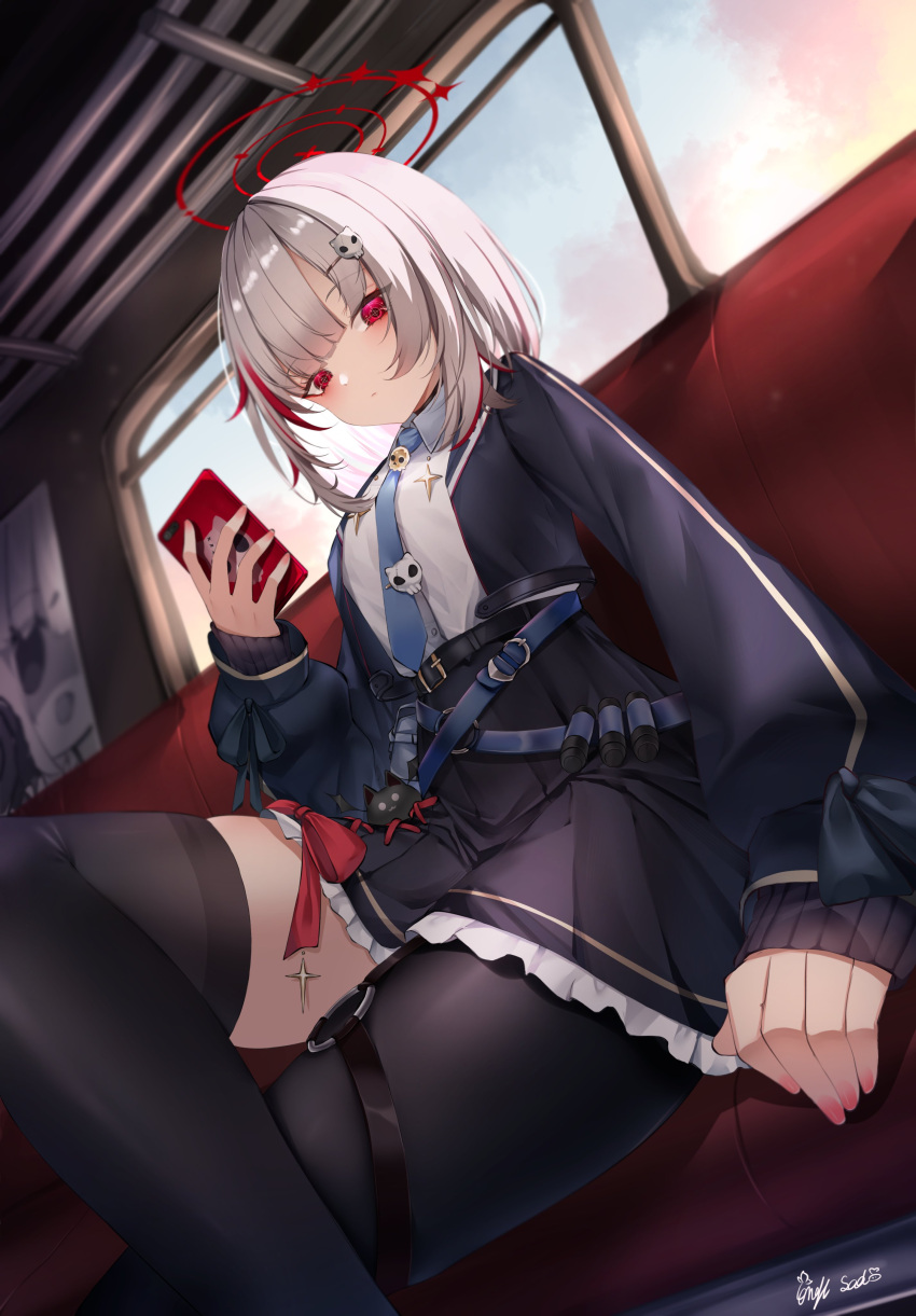 absurdres, belt, black_thighhighs, blue_jacket, blue_necktie, blue_skirt, cellphone, collared_shirt