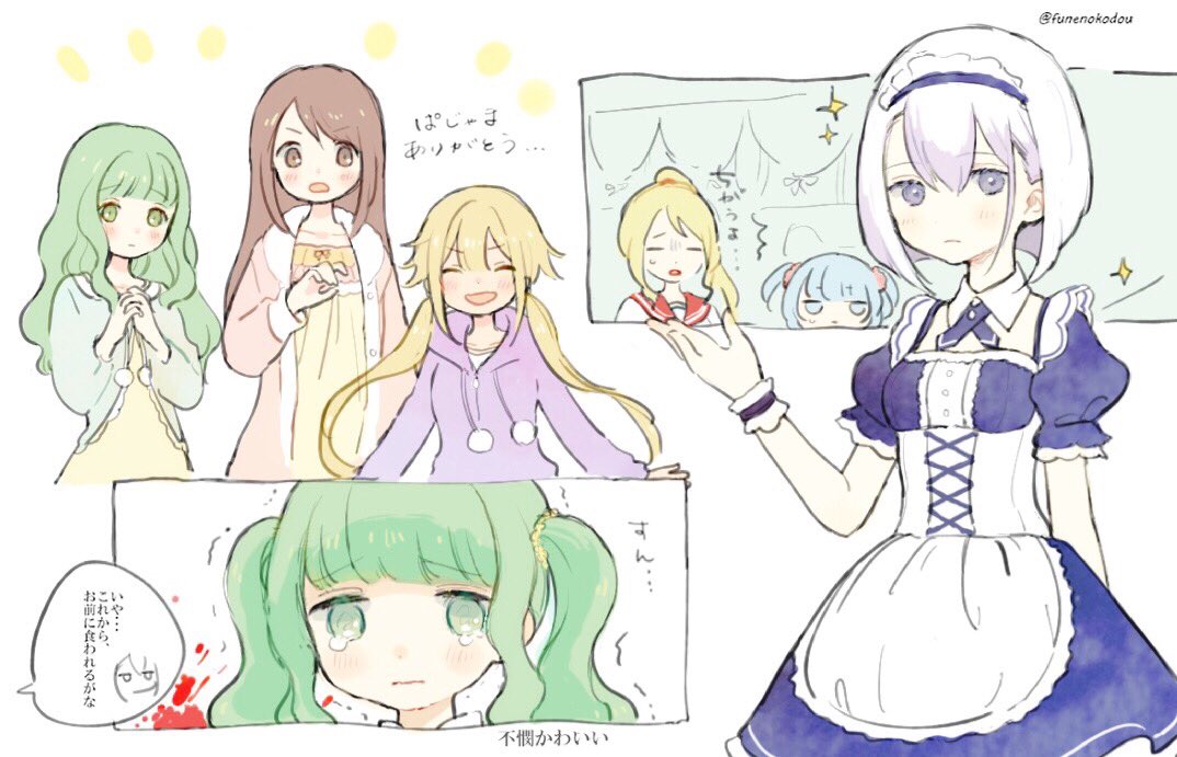 6+girls, apron, blonde_hair, blood, blood_splatter, blue_dress, blue_hair, blunt_bangs